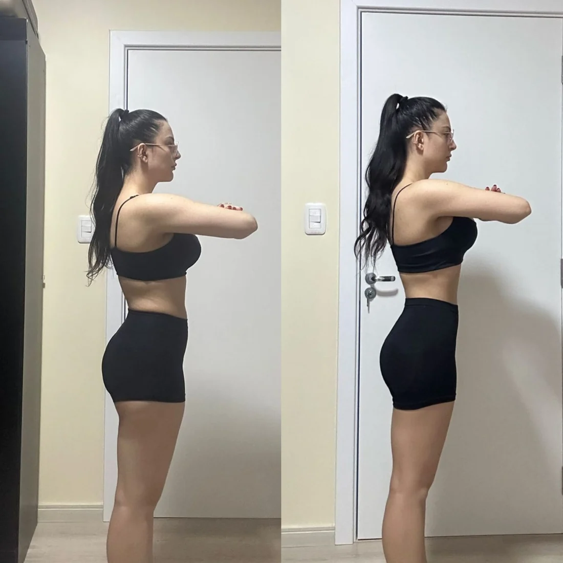 Antes e depois de aluna em vista lateral, usando roupa preta de treino