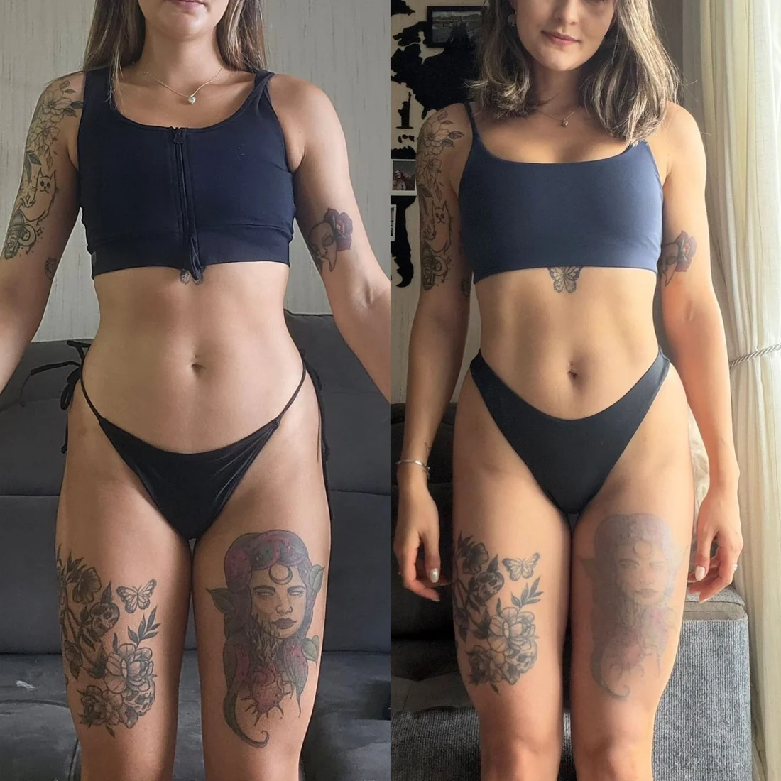 Comparativo frontal de aluna com tatuagens, usando top azul-marinho