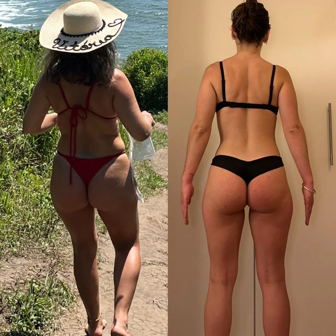 Antes e depois de aluna em vista posterior, ao ar livre e em ambiente interno